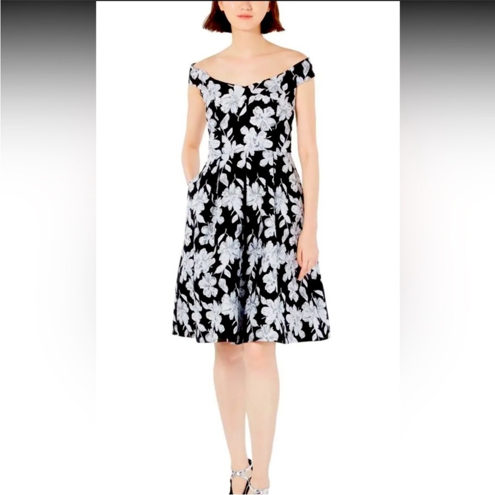Calvin Klein Black and Silver Floral Brocade Dress